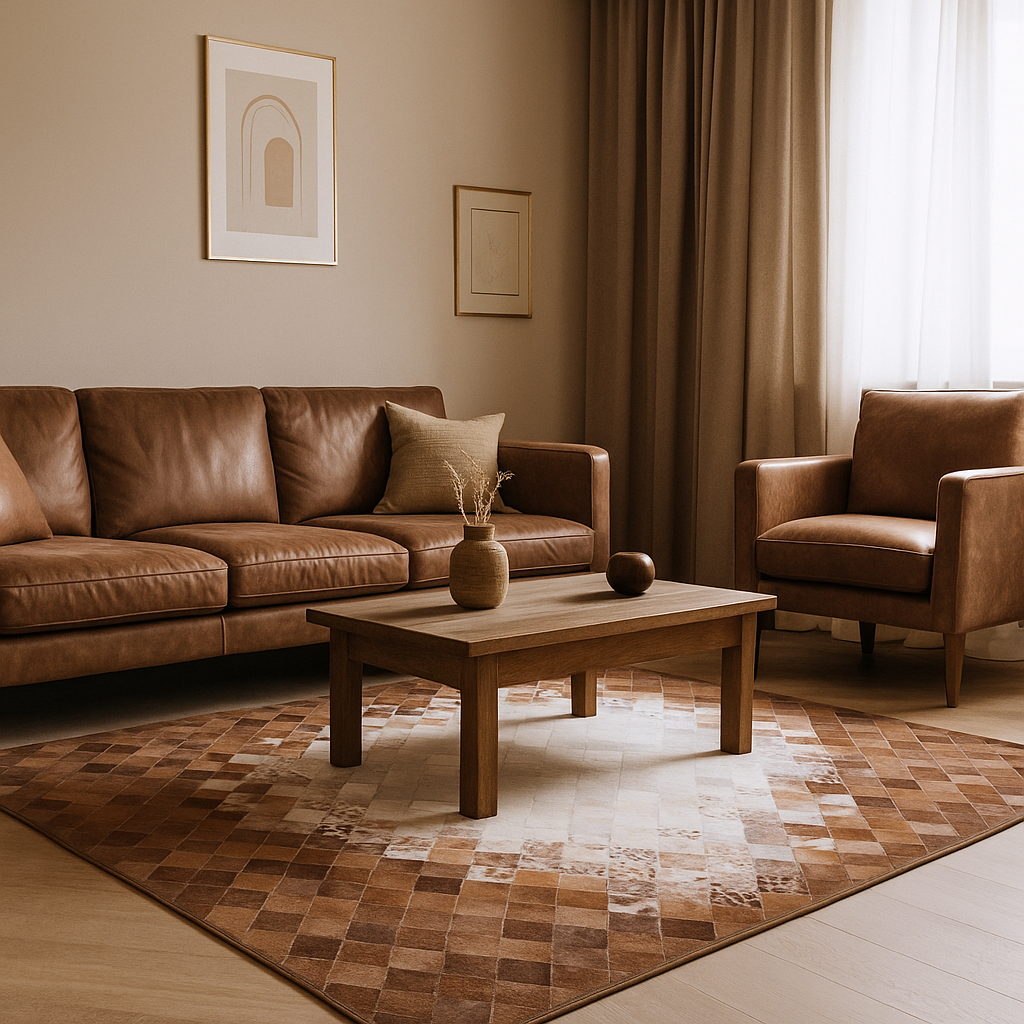 Kahverengi Patchwork Dana Derisi Halı – Doğal Gerçek Deri, El Yapımı – Özel Ölçü Seçenekleri