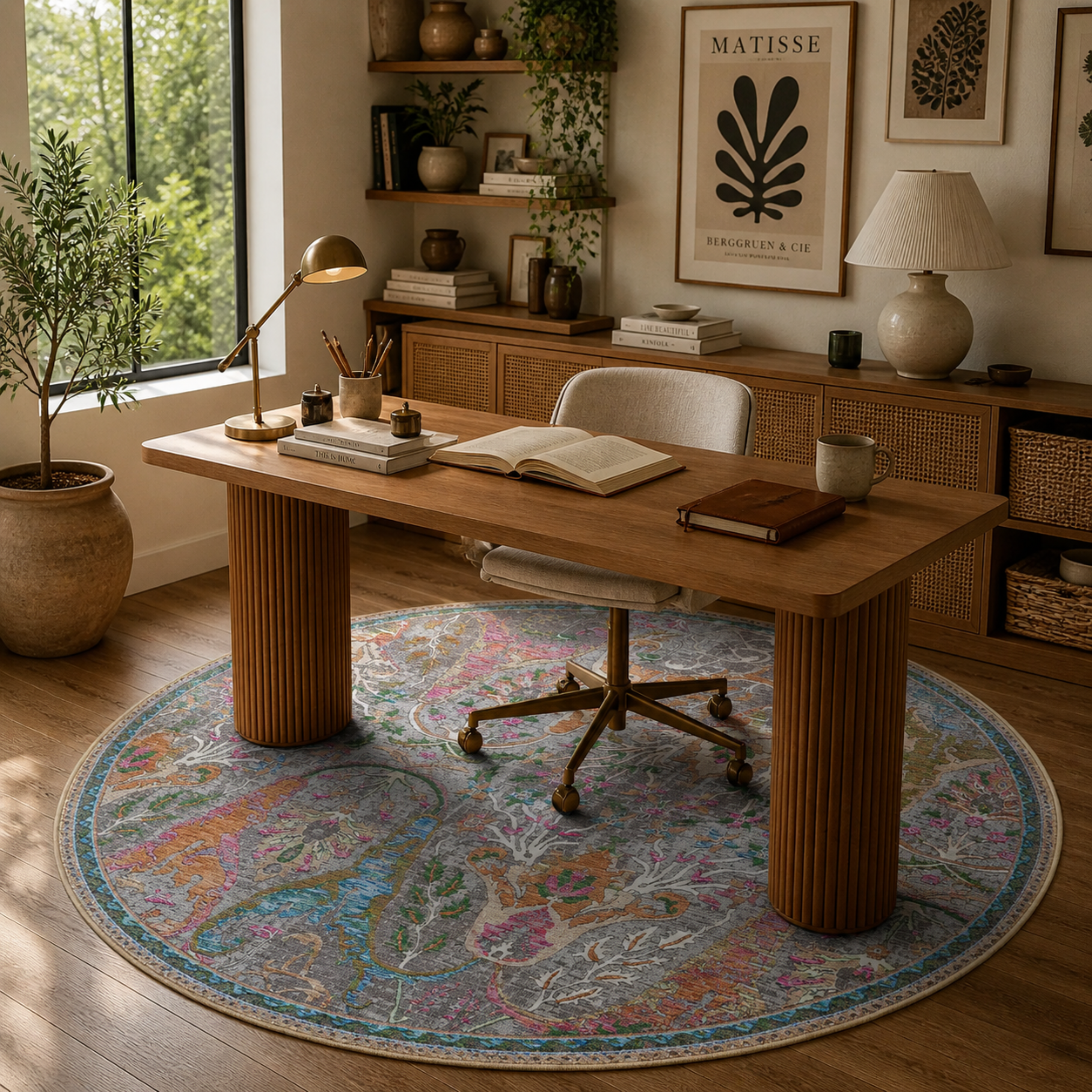 Yuvarlak Çiçek Desenli Halısı, Eskitme Klasik Boho Halısı, Salon Yatak Odası Halısı