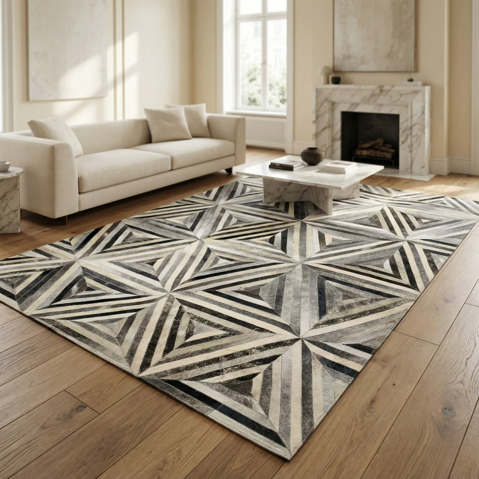 Siyah Beyaz Gri Geometrik Patchwork Dana Derisi Halı