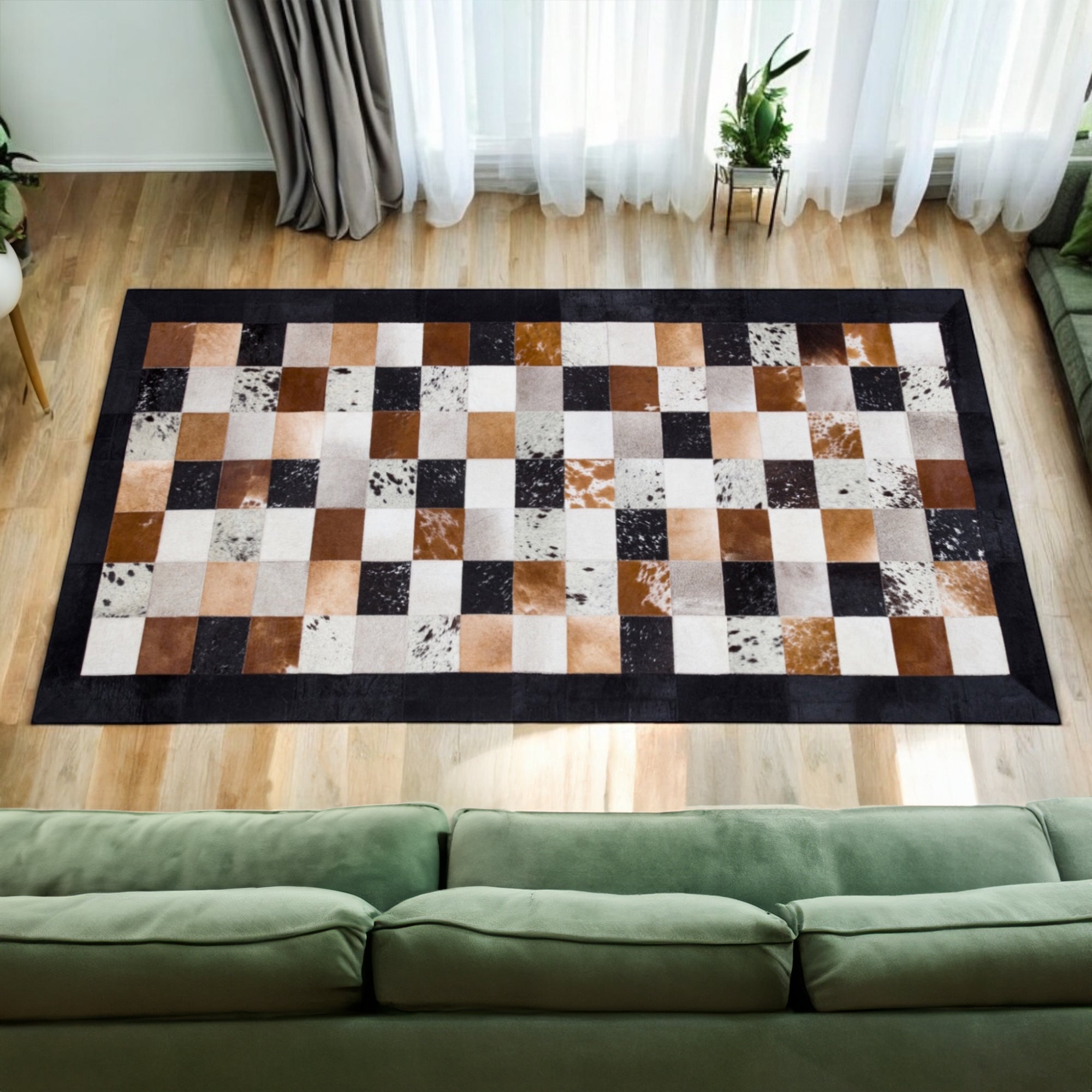 Kahverengi Tonları Dana Derisi Patchwork Halı – El Dokuma Hakiki Deri Lüks Koridor Halısı