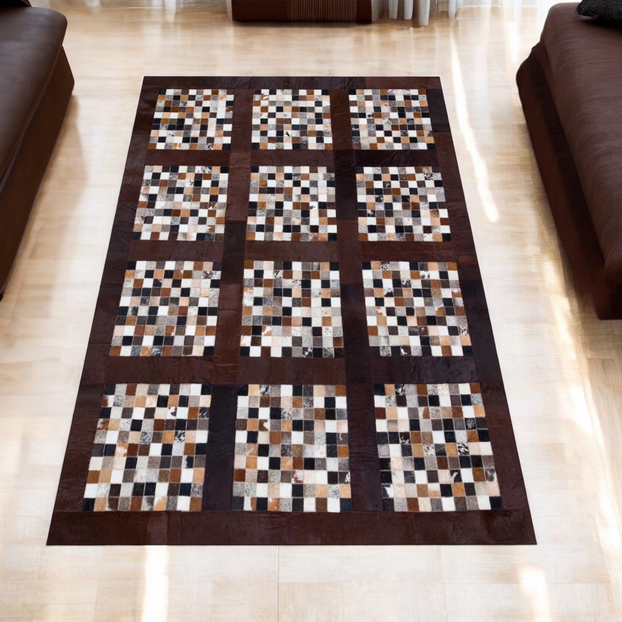 Kare Desenli Doğal Dana Derisi Patchwork Halı