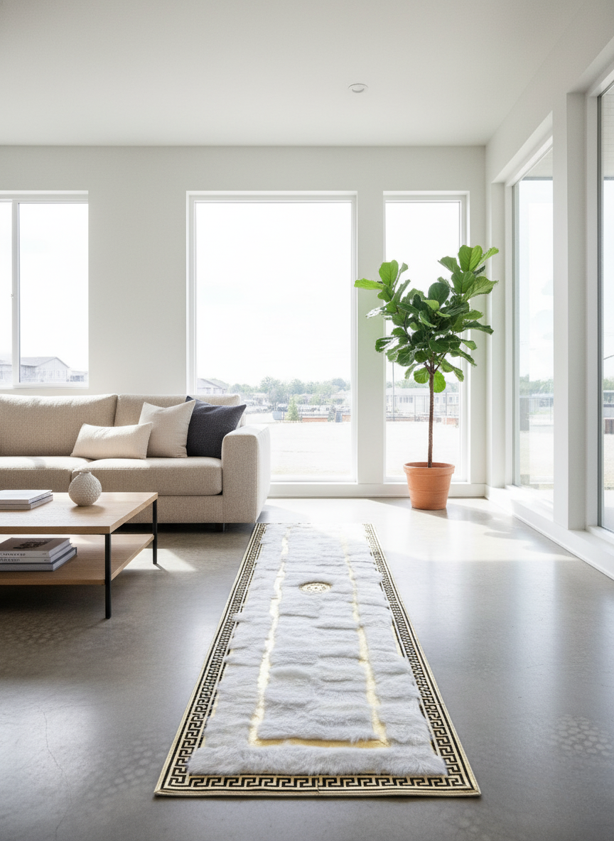 Beyaz Toskana Halı – Altın Merkez Desenli, Doğal Yoğun Kürk Doku, Kaymaz Taban – Özel Ölçü Seçenekleri