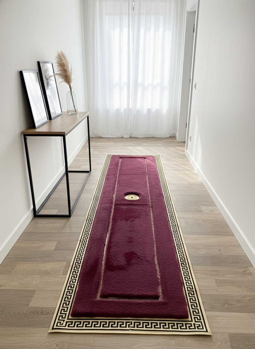 Bordo Peluş Halı – Altın-Siyah Desenli, Ultra Yumuşak ve İz Yapmayan Doku, Kaymaz Taban – Özel Ölçü Seçenekleri