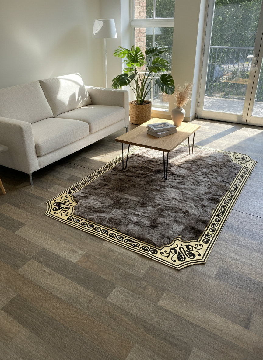 Kahverengi Toskana Halı – Altın Köşe Desenli, Doğal ve Yumuşak Doku, Kaymaz Taban – Özel Ölçü Seçenekleri