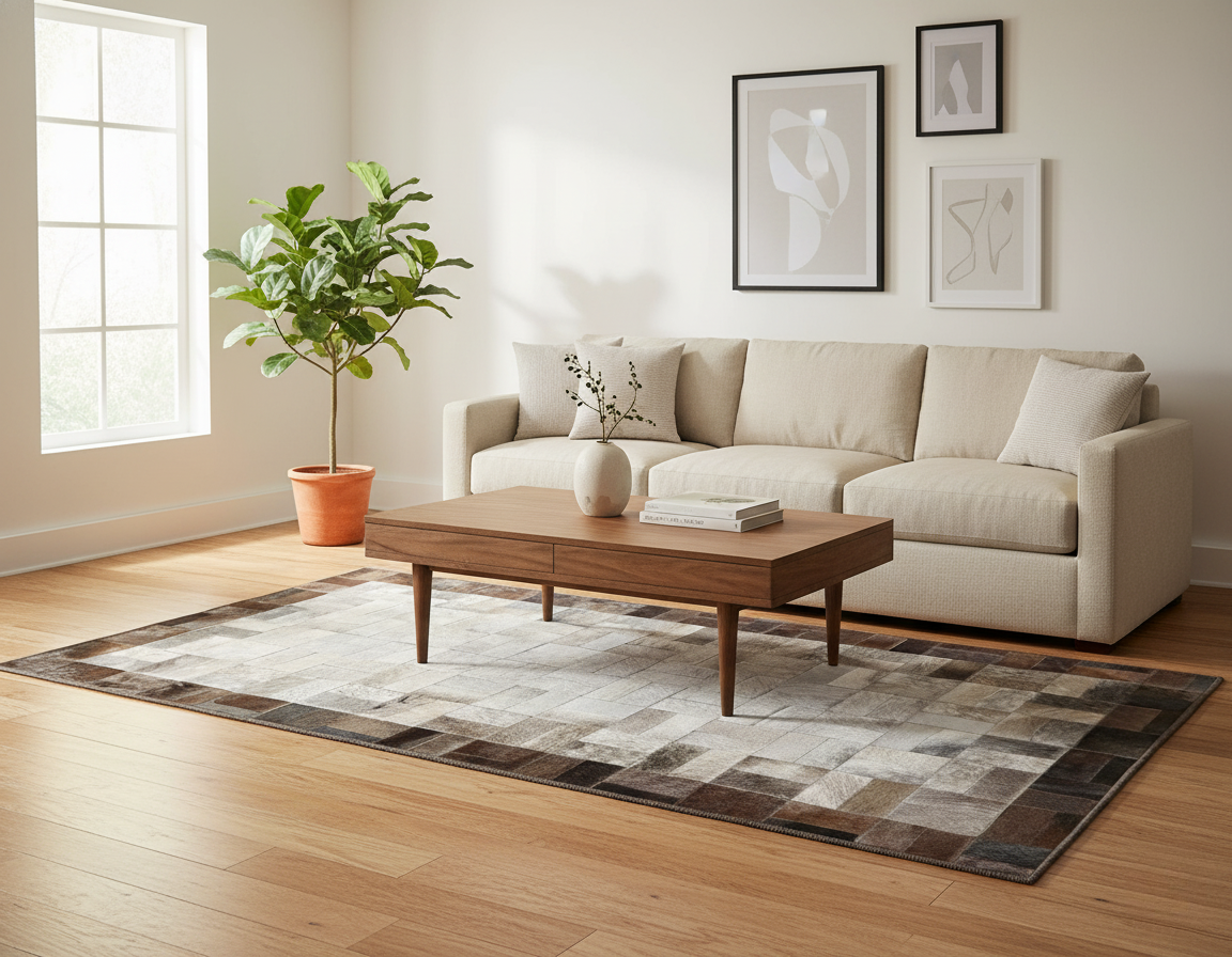 Gri-Kahverengi Çerçeveli Patchwork Dana Derisi Halı – Doğal Gerçek Deri, El Yapımı – Özel Ölçü Seçenekleri