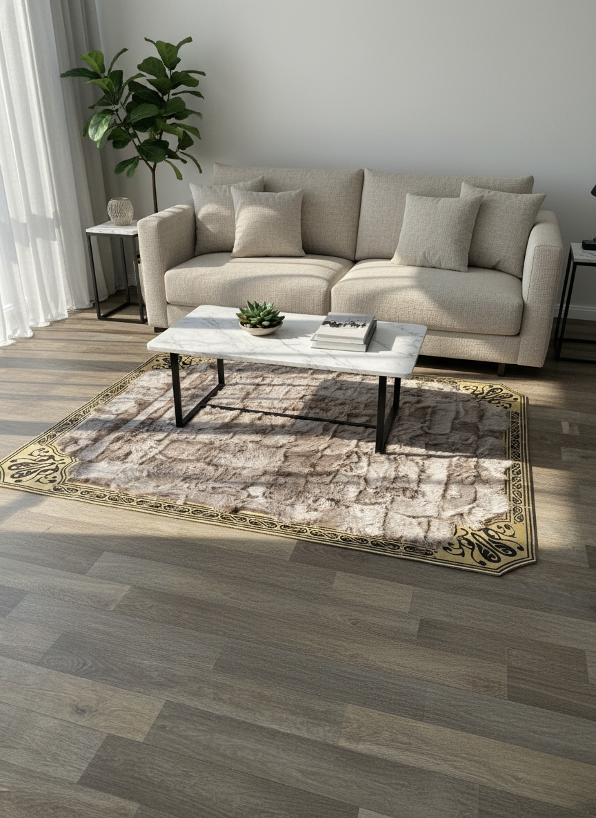 Açık Kahverengi Toskana Halı – Altın Çerçeve Detaylı, Yumuşak ve Doğal Kürk Doku, Kaymaz Taban – Özel Ölçü Seçenekleri