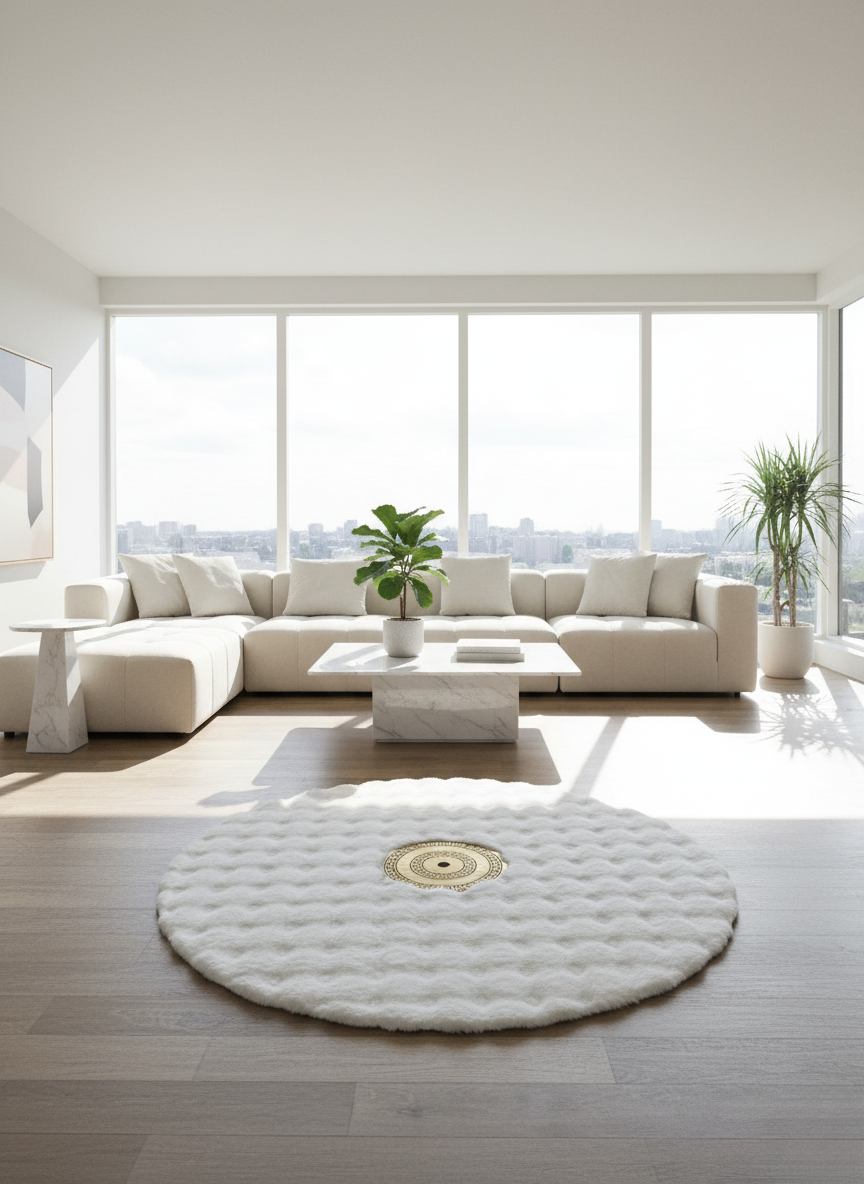 Beyaz Yuvarlak Peluş Halı – Altın Desenli, İz Yapmayan Ultra Yumuşak Doku ve Kaymaz Taban – Özel Ölçü Seçenekleri