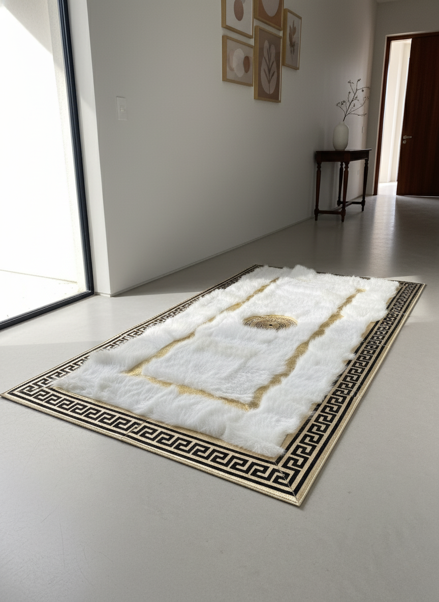 Beyaz Toskana Halı – Altın Merkez Detaylı, Doğal ve Yoğun Kürk Doku, Siyah-Altın Çerçeveli, Kaymaz Taban – Özel Ölçü Seçenekleri