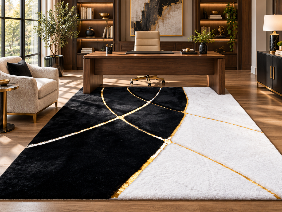 Siyah ve Krem Zeminli Altın Çizgi Detaylı Peluş Halı – Yumuşak Dokulu, Modern Dekoratif Halı