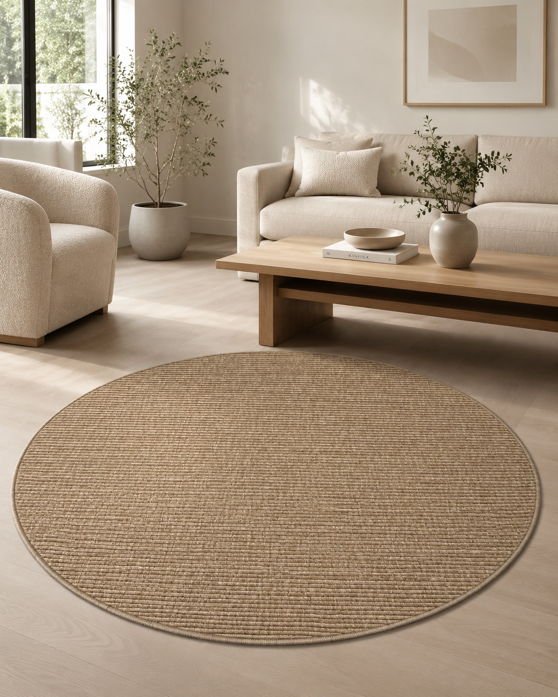 Yuvarlak Jüt Görünümlü Bej Halısı, Minimalist Dokuma Salon Halısı