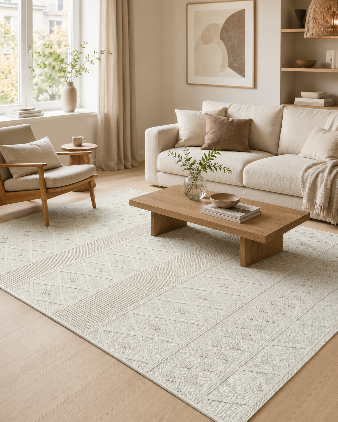 Krem Bej Geometrik Dokulu Halısı, Boho İskandinav Salon Halısı