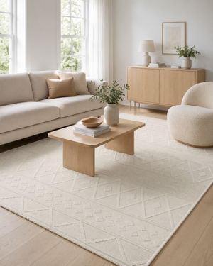 Krem Geometrik Dokulu Halı, Boho İskandinav Salon Halısı – görsel 4