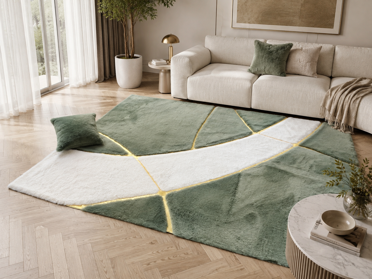 Yeşil ve Fildişi Geometrik Peluş Halı – Modern ve Dekoratif Salon Halısı – görsel 2