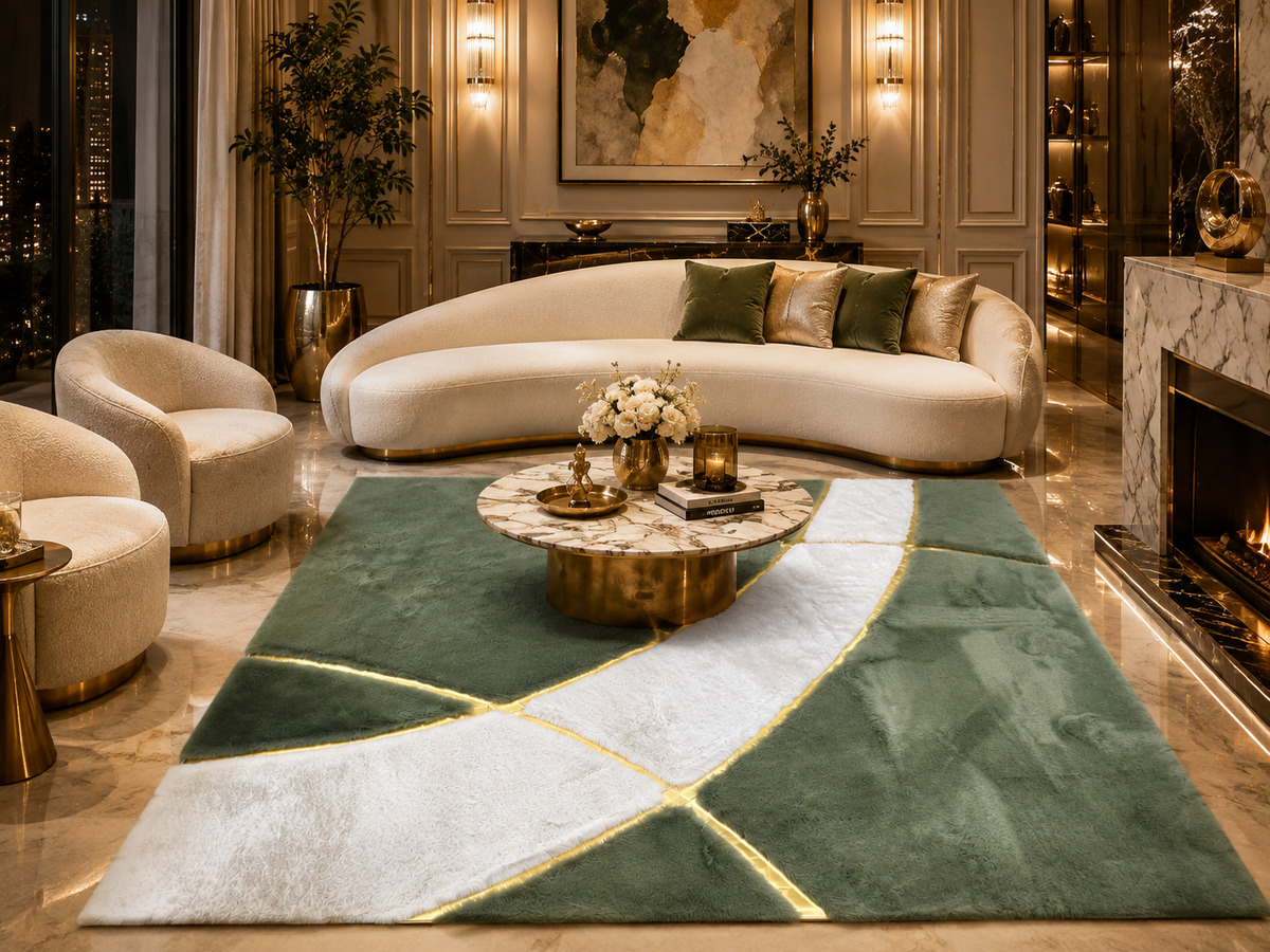 Yeşil ve Fildişi Geometrik Peluş Halı – Modern ve Dekoratif Salon Halısı