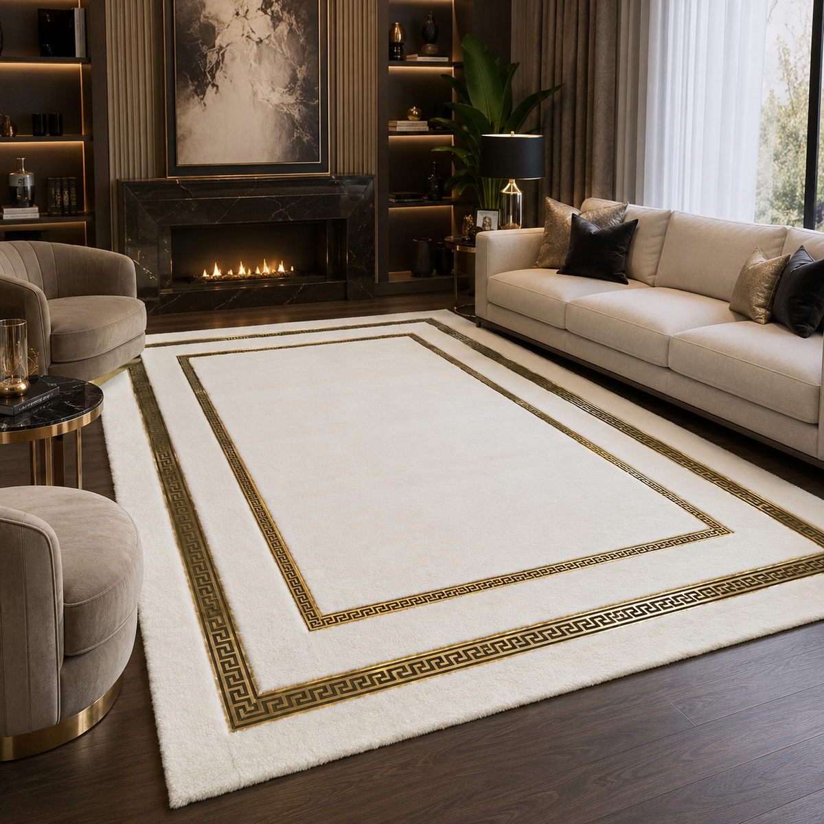 Fildişi Yunan Bordürlü Peluş Halı – Modern ve Dekoratif Salon Halısı