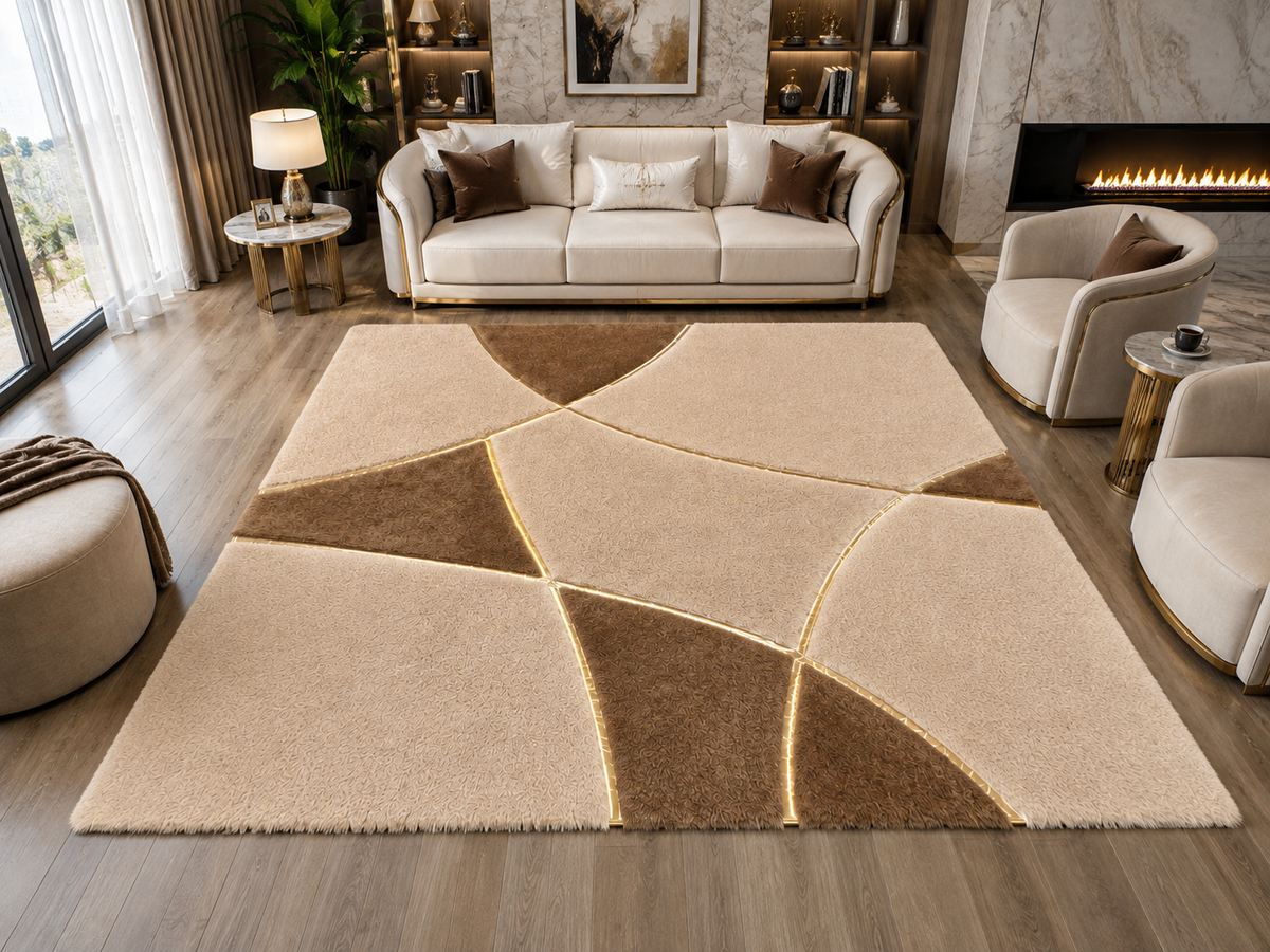 Bej ve Kahverengi Geometrik Peluş Halı – Özel Ölçülerde Salon Halısı – görsel 2