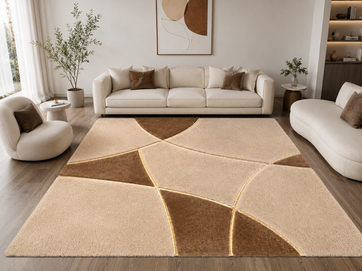 Bej ve Kahverengi Geometrik Peluş Halı – Özel Ölçülerde Salon Halısı
