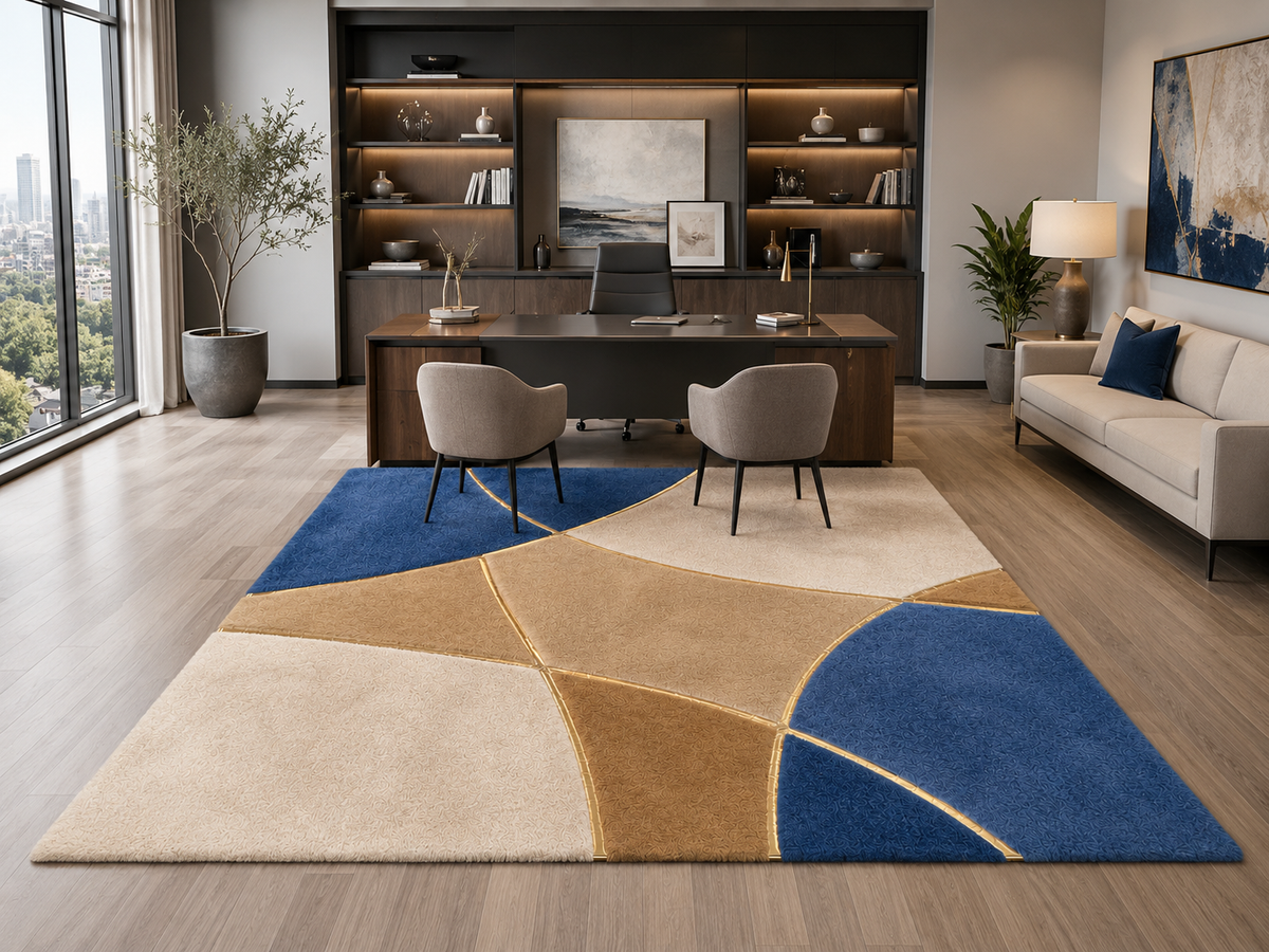 Mavi ve Bej Geometrik Peluş Halı – Modern ve Dekoratif Salon Halısı