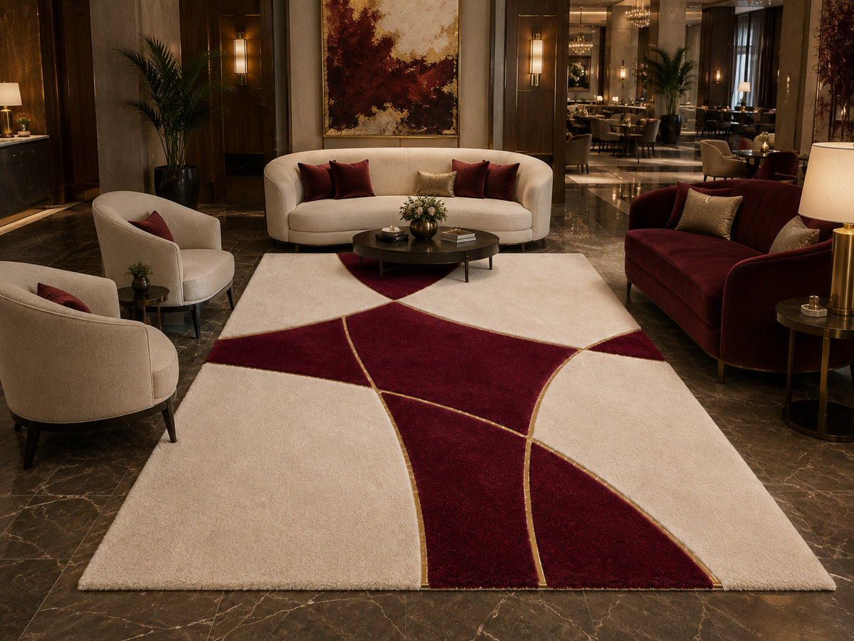 Bej Geometrik Peluş Halı – Modern ve Dekoratif Salon Halısı