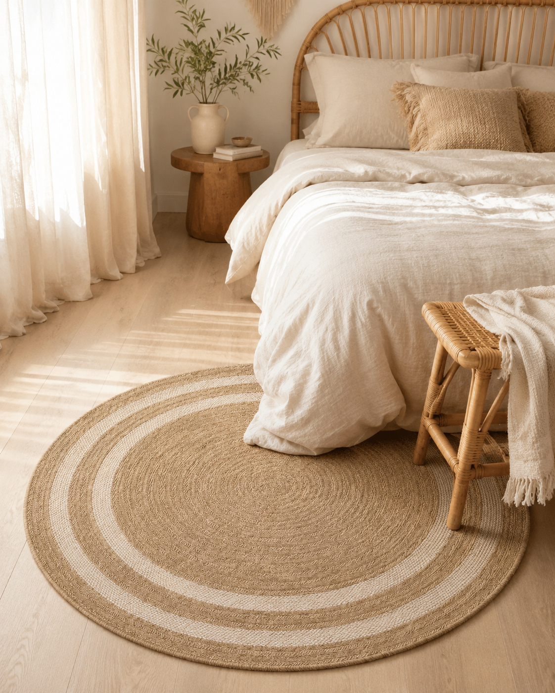 Yuvarlak Çizgili Jüt Görünümlü Halısı, Boho Coastal Salon Halısı