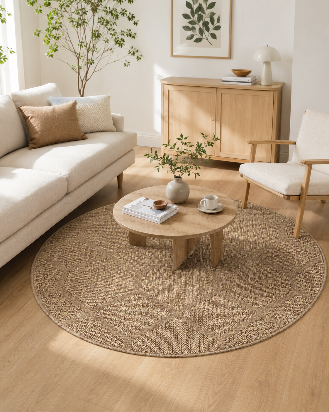 Yuvarlak Bej Geometrik Jüt Görünümlü Halısı, Boho Minimalist Salon Halısı