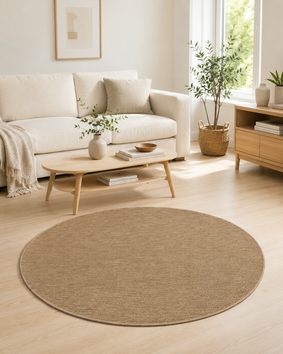 Yuvarlak Bej Halısı, Düz Nötr Minimalist Halısı, Yumuşak Modern Yatak Odası Halısı