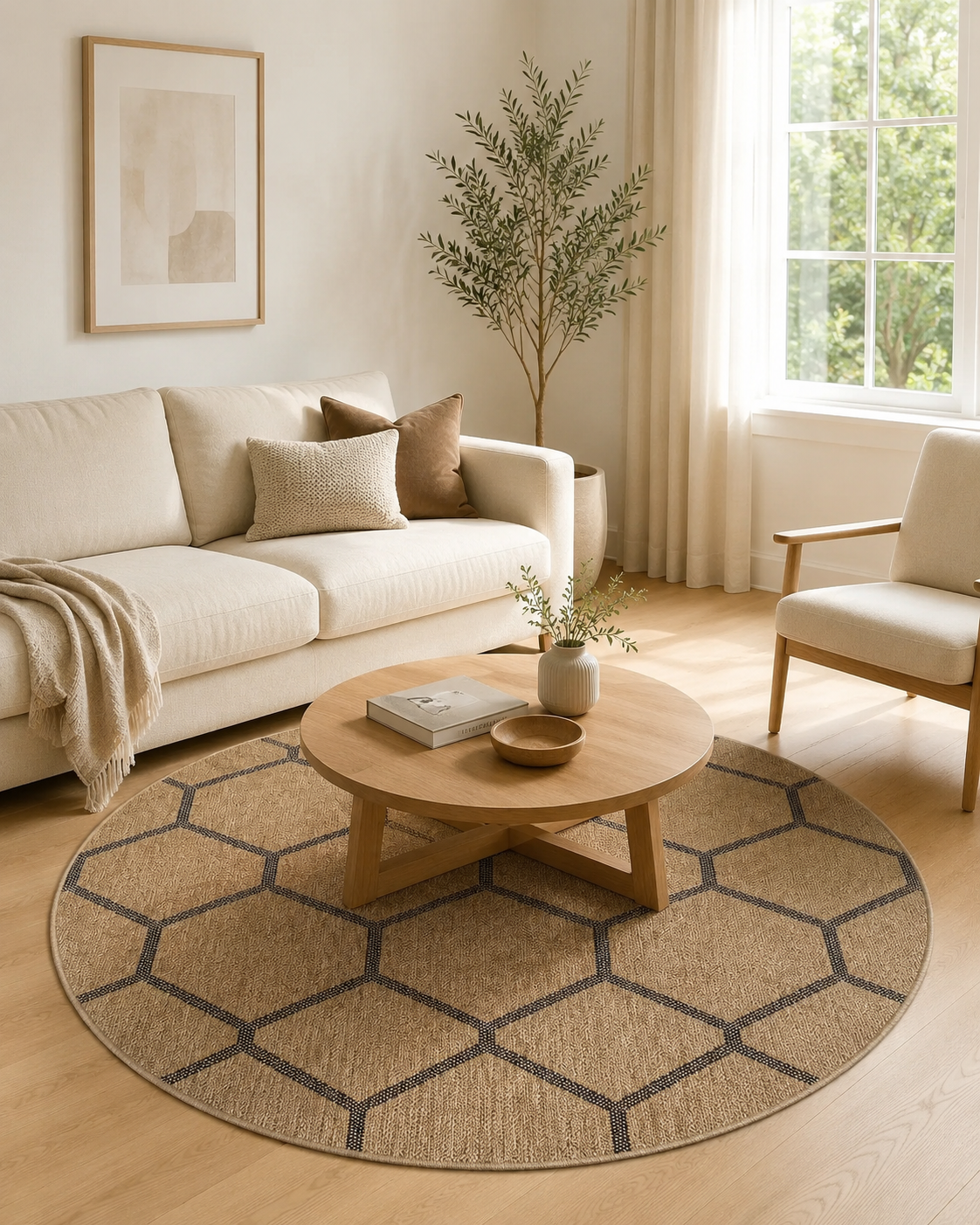 Yuvarlak Bej Siyah Geometrik Petek Desenli Halısı, Modern Boho Salon Halısı