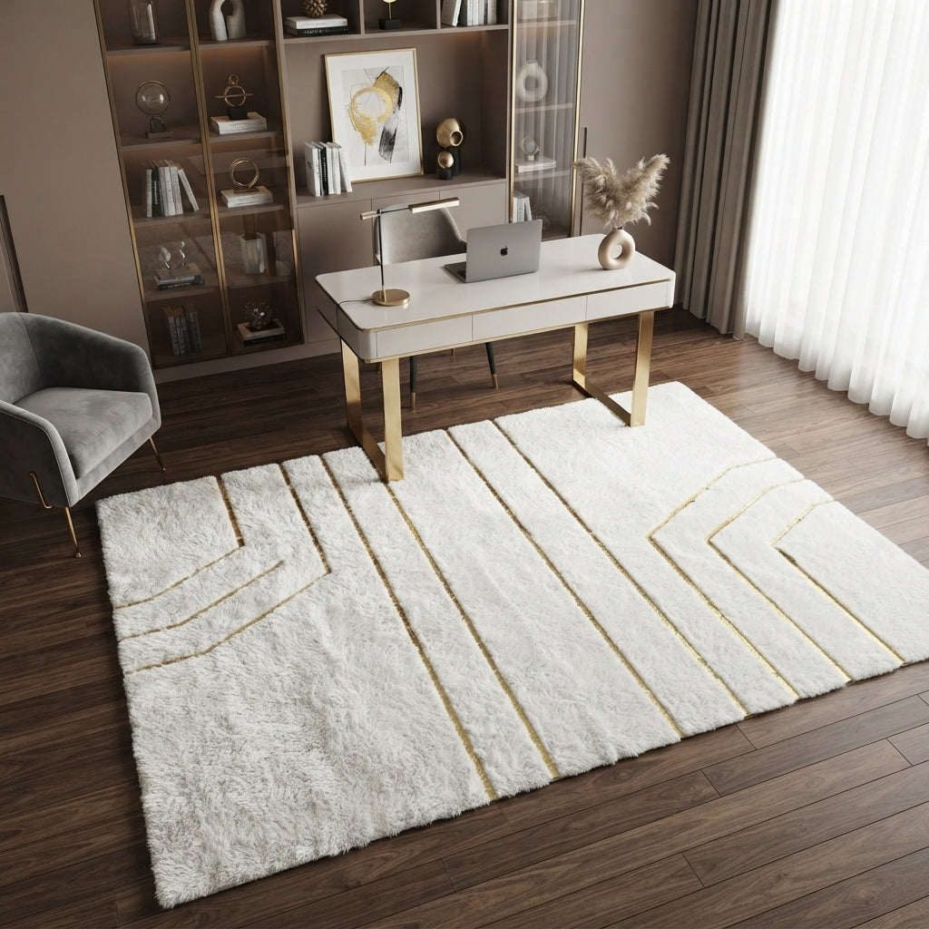 Krem ve Altın Geometrik Peluş Halı – Lüks Görünümlü Salon Halısı – görsel 2