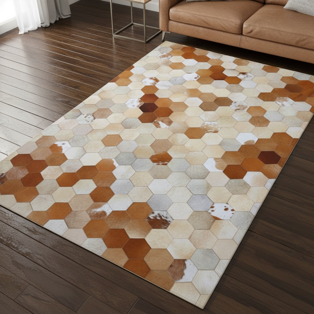 Açık Kahverengi Patchwork Dana Derisi Halı – Doğal Yumuşak Dokulu