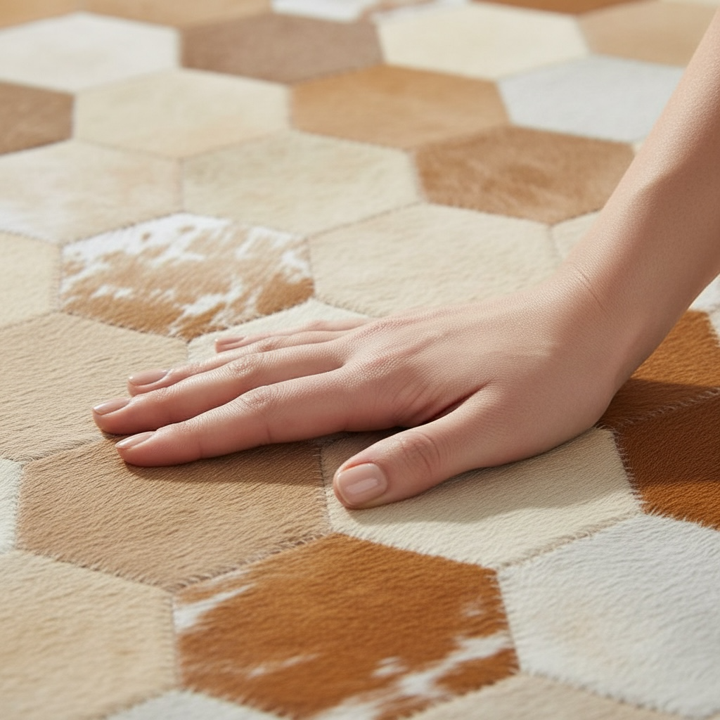 Açık Kahverengi Patchwork Dana Derisi Halı – Doğal Yumuşak Dokulu