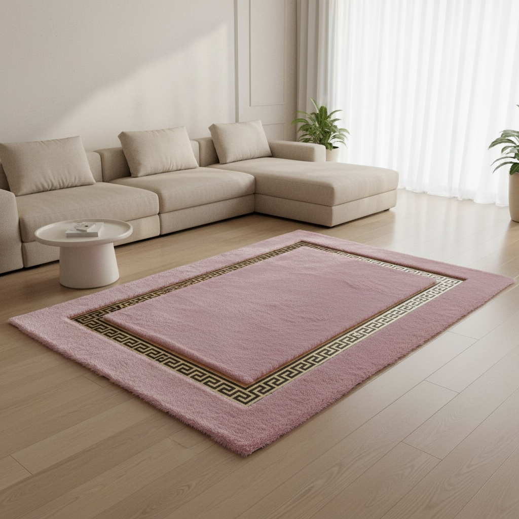 Pembe Zeminli Altın Bordürlü Peluş Halı – Yumuşak Dokulu, Şık ve Dekoratif Halı