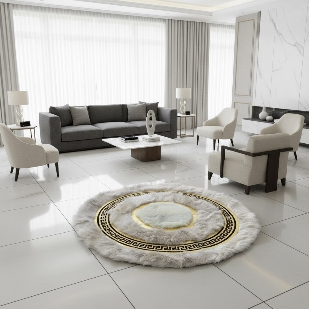 Krem Zeminli Beyaz Merkezli Altın Detaylı Yuvarlak Toskana Halı