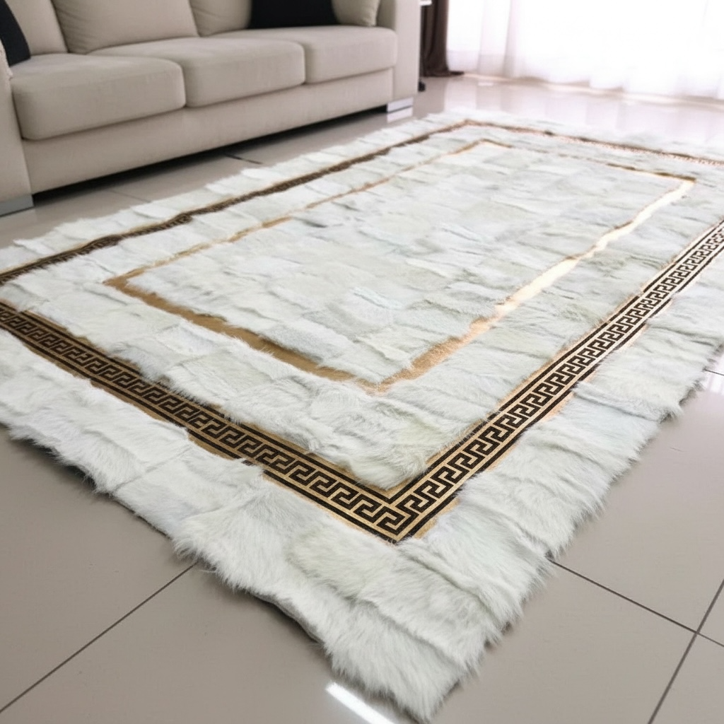 Altın Bordürlü Beyaz Toscana Kürk Salon Halısı – Zarif ve Aydınlık Tasarım