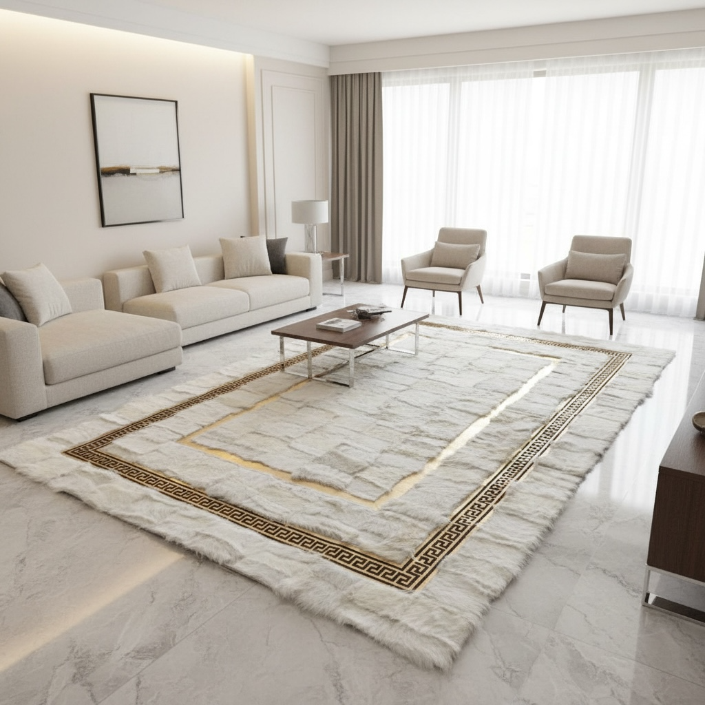 Altın Bordürlü Beyaz Toscana Kürk Salon Halısı – Zarif ve Aydınlık Tasarım