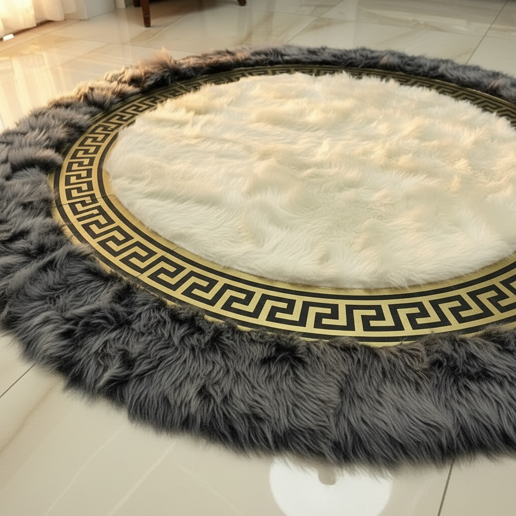 Krem Merkezli Koyu Gri Zeminli Altın Çerçeveli Yuvarlak Toskana Halı