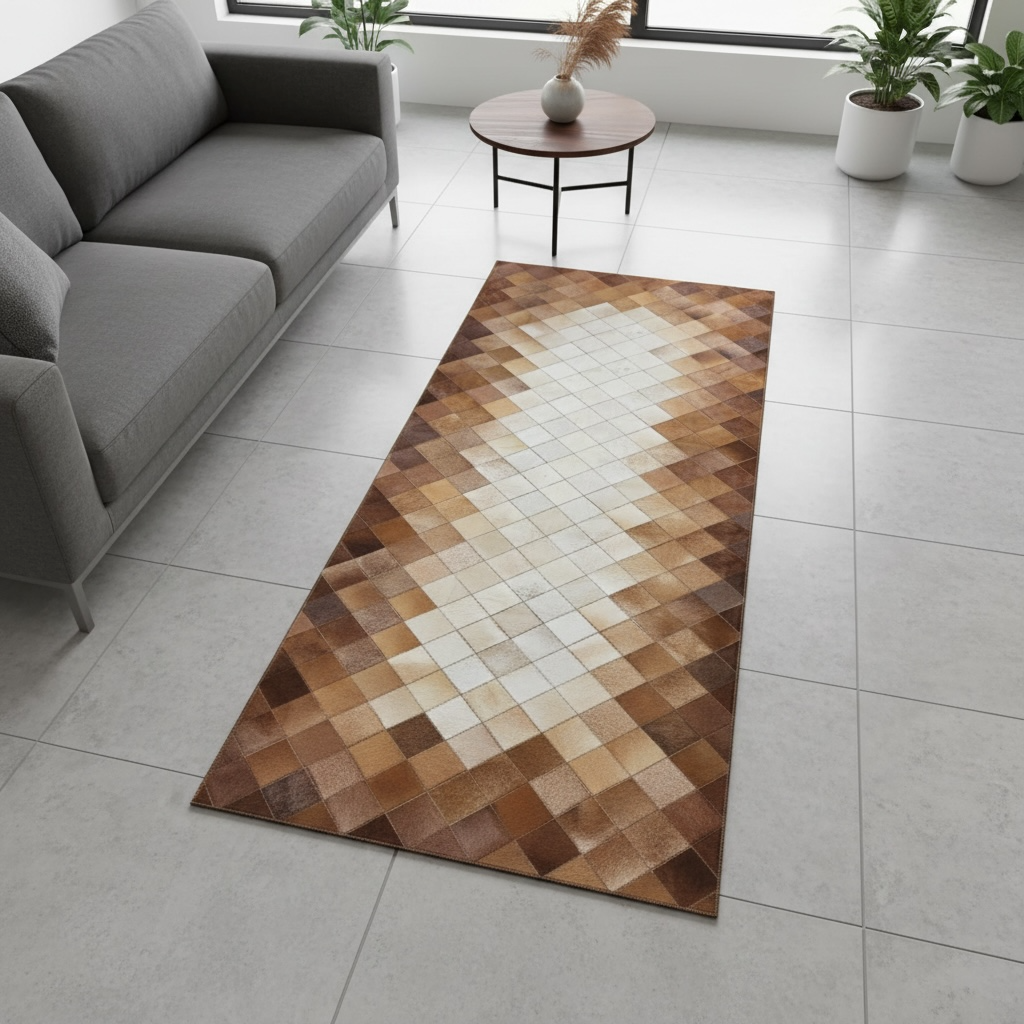 Bej ve Kahverengi Tonlu Dana Derisi Patchwork Halı