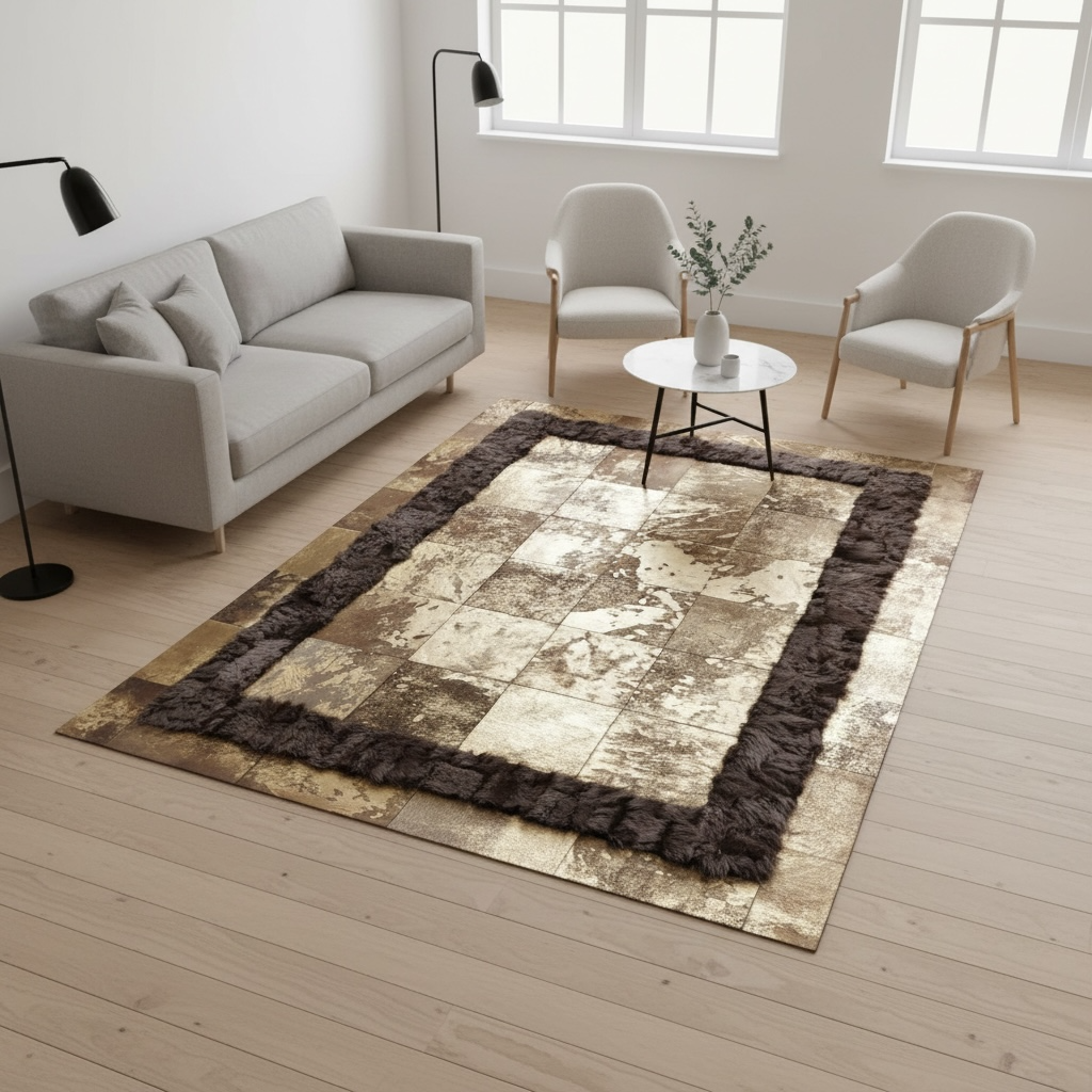 Koyu Çerçeveli Bej ve Kahverengi Tonlu Dana Derisi Patchwork Halı