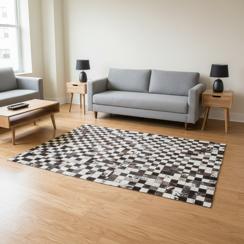 Siyah, Kahverengi ve Beyaz Tonlu Dana Derisi Patchwork Halı