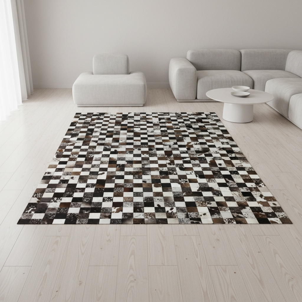 Siyah, Kahverengi ve Beyaz Tonlu Dana Derisi Patchwork Halı
