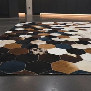 Siyah, Bej ve Kahverengi Tonlu Dana Derisi Patchwork Halı – görsel 9