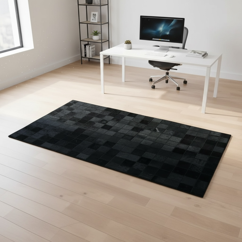 Siyah Tonlu Dana Derisi Patchwork Halı