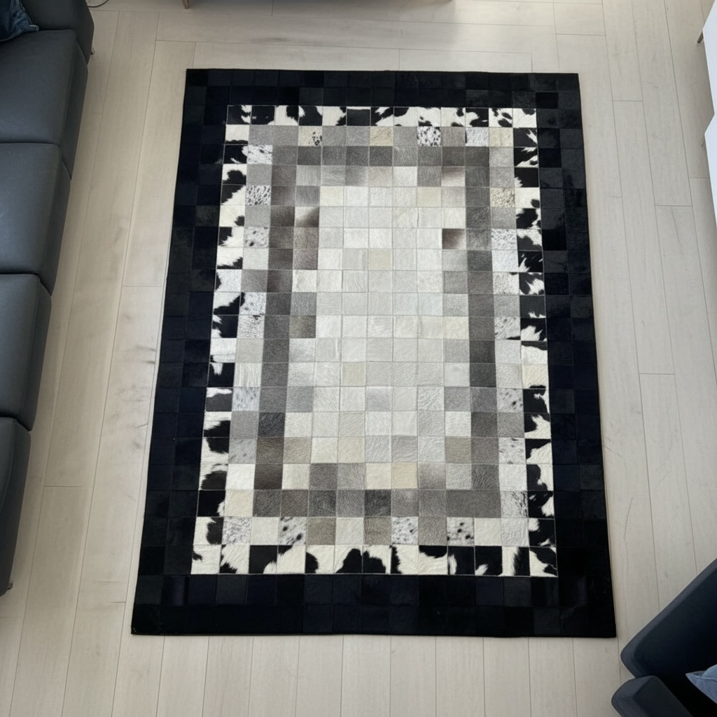 Açık Bej Zeminli Siyah Çerçeve Doğal Desenli Dana Derisi Patchwork Halı