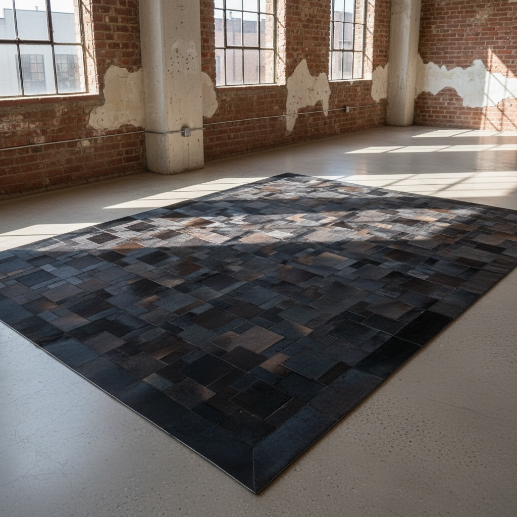 Koyu Gri Tonlu Dana Derisi Patchwork Halı – El Yapımı Doğal Deri Dekoratif Halı