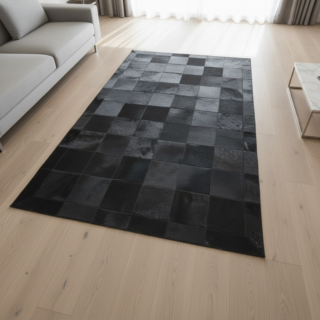 Siyah ve Koyu Gri Tonlu Dana Derisi Patchwork Halı