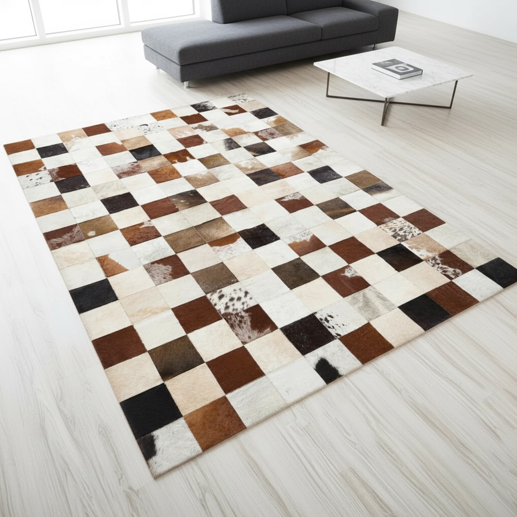 Kahverengi, Siyah ve Beyaz Tonlu Dana Derisi Patchwork Halı – El Yapımı Doğal Deri Dekoratif Halı