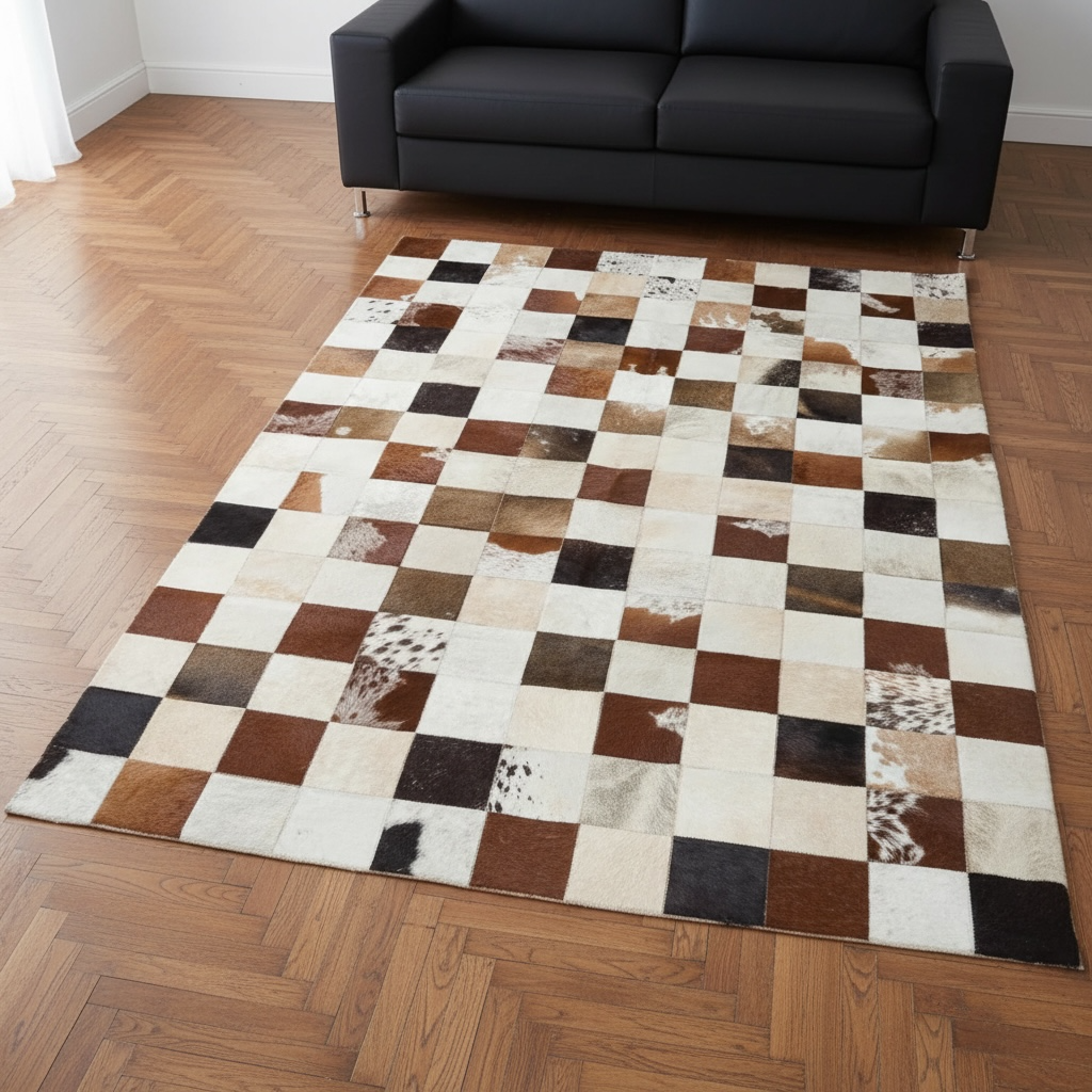 Kahverengi, Siyah ve Beyaz Tonlu Dana Derisi Patchwork Halı – El Yapımı Doğal Deri Dekoratif Halı