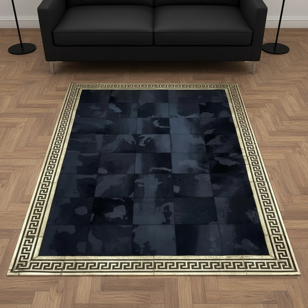 Siyah ve Altın Rengi Kenarlı Dana Derisi Patchwork Halı – El Yapımı Doğal Deri Dekoratif Halı