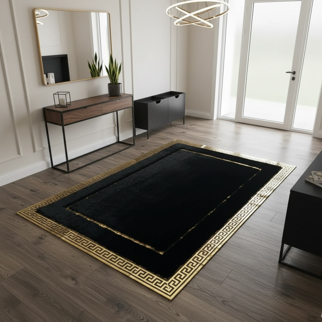Siyah Zeminli Geniş Altın Çerçeveli Peluş Halı – Yumuşak Dokulu, Şık ve Dekoratif Halı