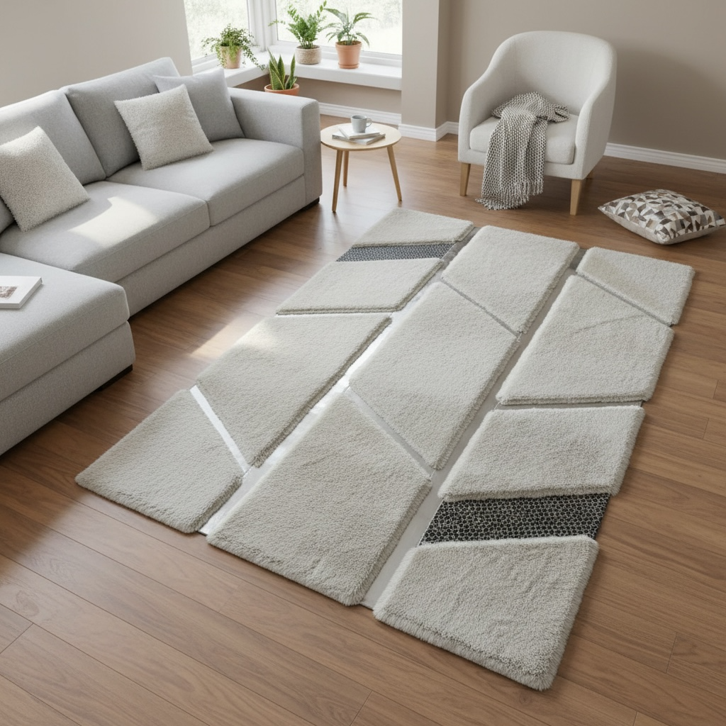 Gri Tonlu Patchwork Desenli Peluş Halı – Yumuşak Dokulu, Modern ve Dekoratif Halı