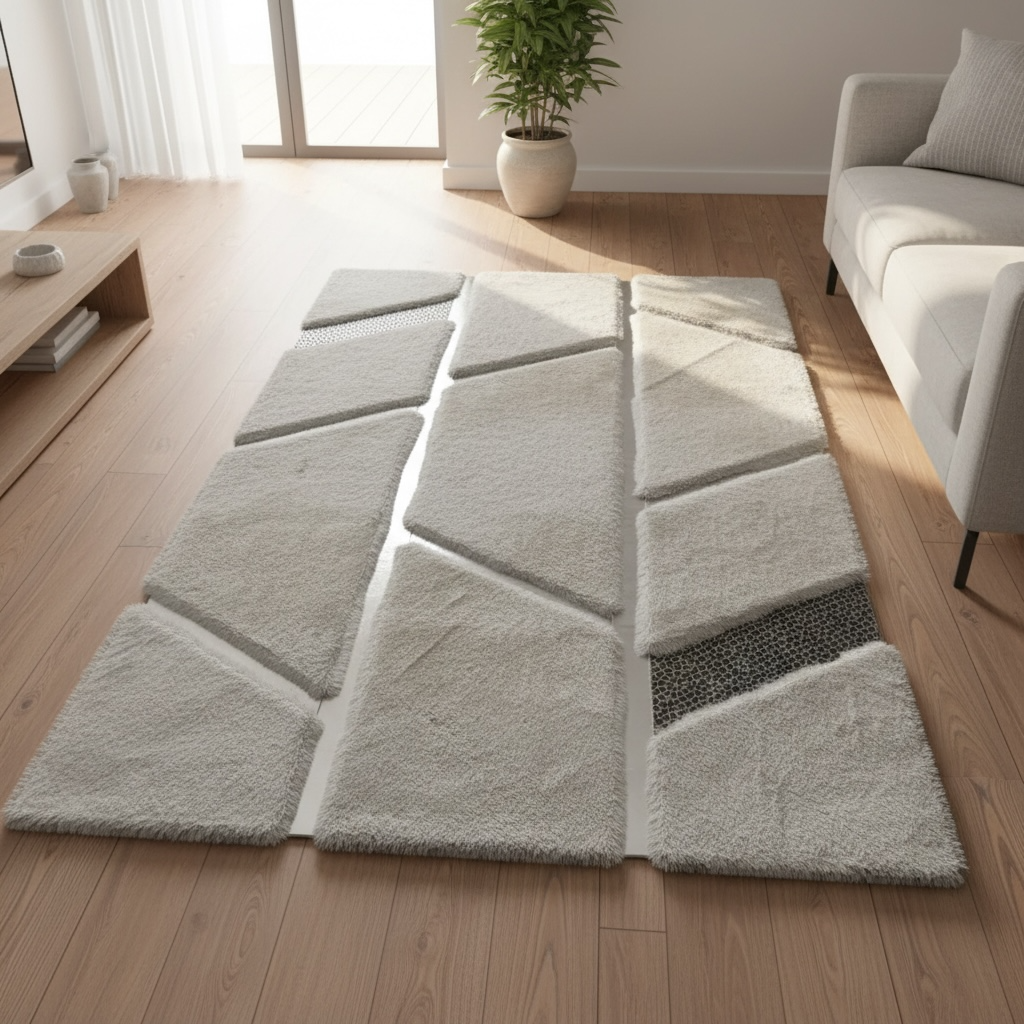 Gri Tonlu Patchwork Desenli Peluş Halı – Yumuşak Dokulu, Modern ve Dekoratif Halı